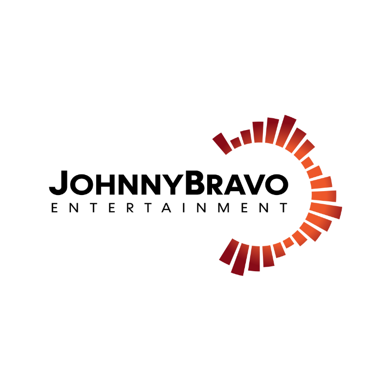 Logo for John Bravo Entertainment with orange half circle on right side of name.